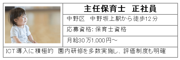 主任保育士正社員　中野区中野坂上駅から徒歩12分　月給30万1,000円～