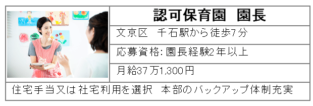 認可保育園園長　文京区千石駅から徒歩7分　月給37万1,300円