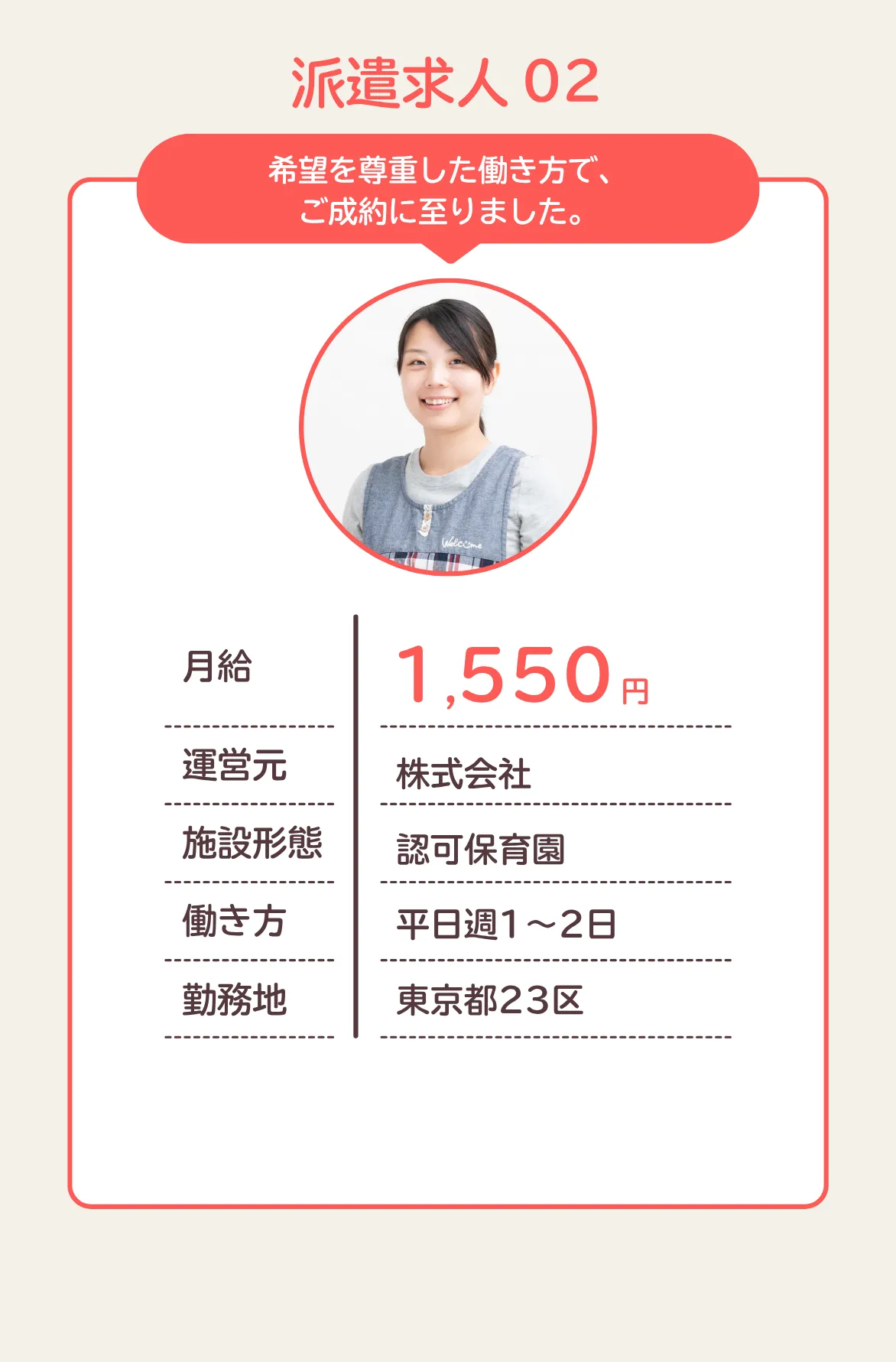 希望を尊重した働き方で、ご成約に至りました。月給1,550円／運営元：株式会社／施設形態：認可保育園／働き方：平日週1～2日／勤務地：東京都23区